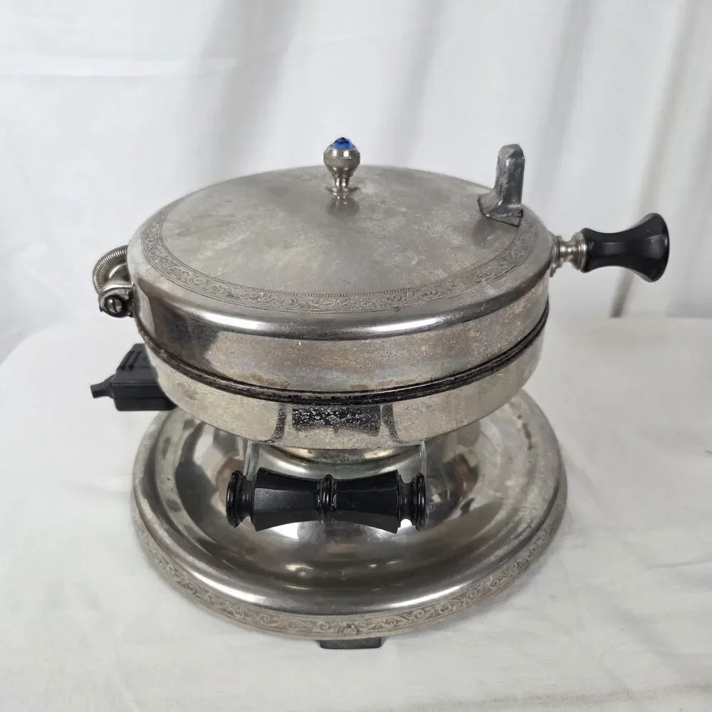 Vintage WORKING Empress Waffle Iron Maker Blue Rhinestone Art Deco Chrome Silver